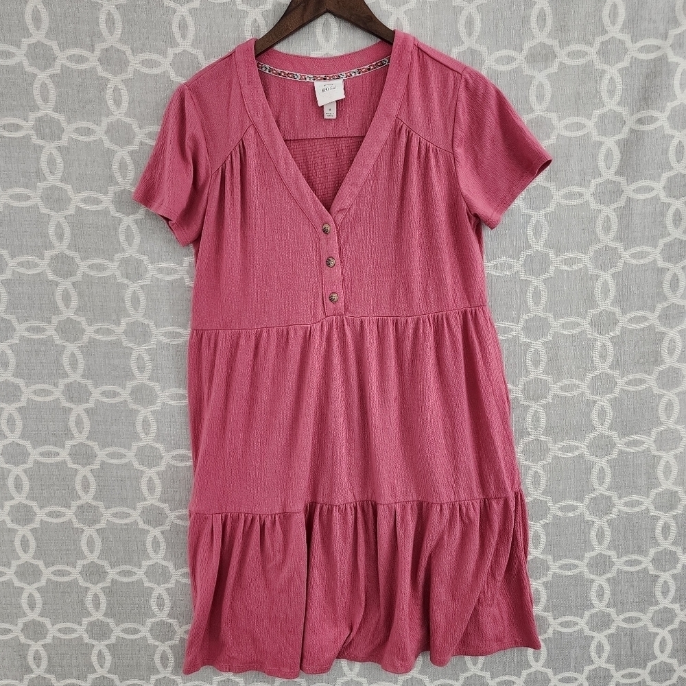 Knox Rose V neck Button Up Short Sleeve Ruffle Tunic Mini Dress M Pink